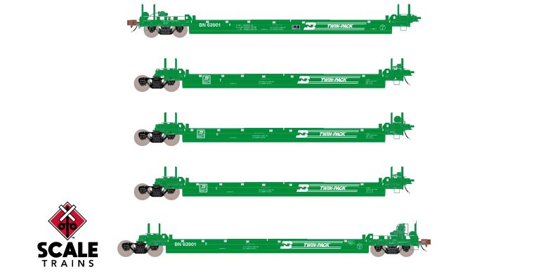 Scaletrains SXT40088 PS-Trinity Backpacker Well Car Set (5) Burlington Northern/Twin-Pack #63905 HO Scale