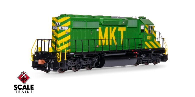 Scaletrains Rivet Counter SXT40779 EMD SD40-2, MKT Missouri-Kansas-Texas/As-Delivered/Unique Nose Striping #621 DCC & Sound HO Scale