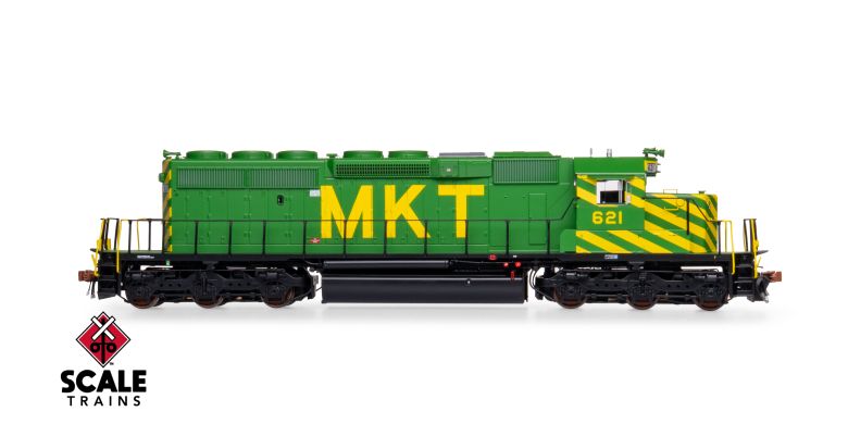 Scaletrains Rivet Counter SXT40779 EMD SD40-2, MKT Missouri-Kansas-Texas/As-Delivered/Unique Nose Striping #621 DCC & Sound HO Scale