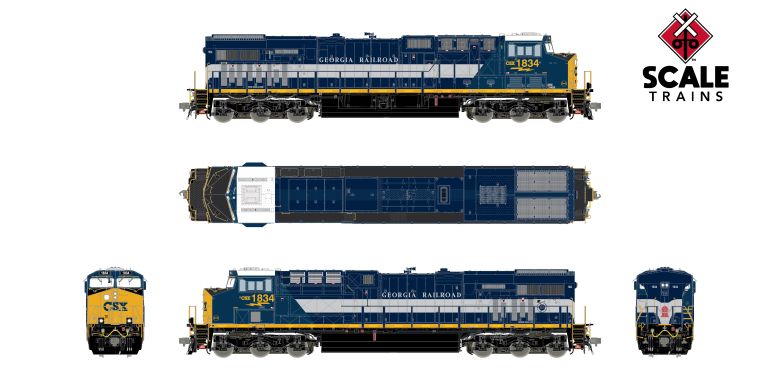 ScaleTrains SXT41615 GE ES44AH, Rivet Counter HO Scale GE ES44AH, CSX/Heritage/Georgia Railroad/GA #1834 DCC & Sound HO Scale